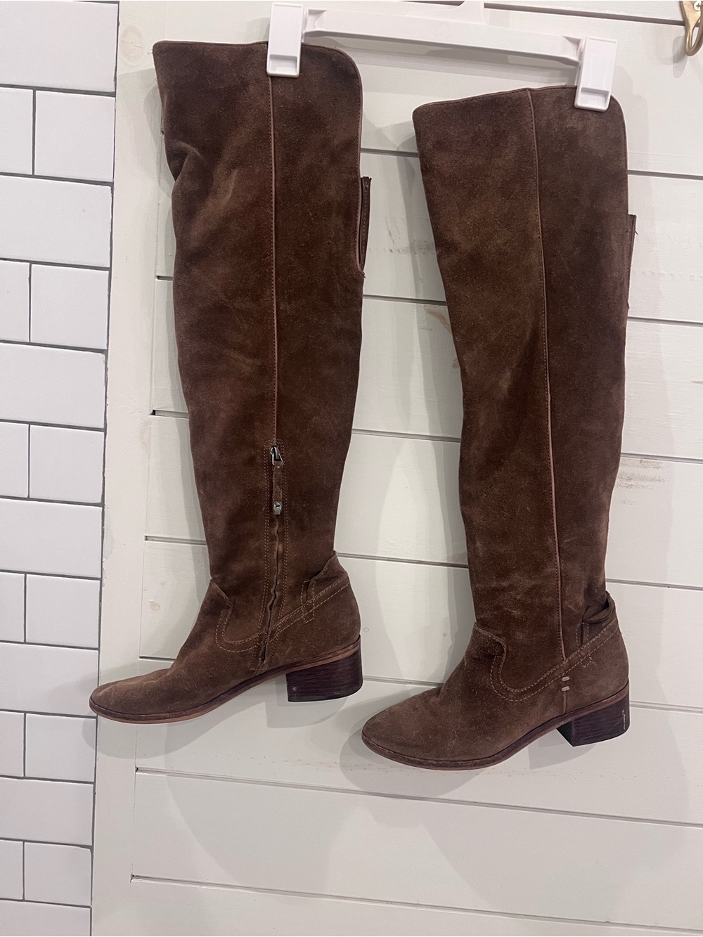 Dolce Vita Women's Brown Suede Knee-High Zip Boots Round Toe Block Heel 8